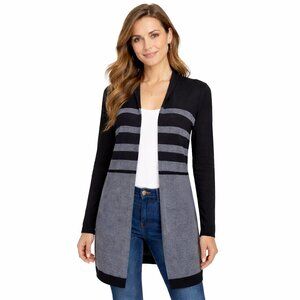 T Tahari Longline Cardigan Women Size M/L Black Gray Striped Open Cashmer Blend